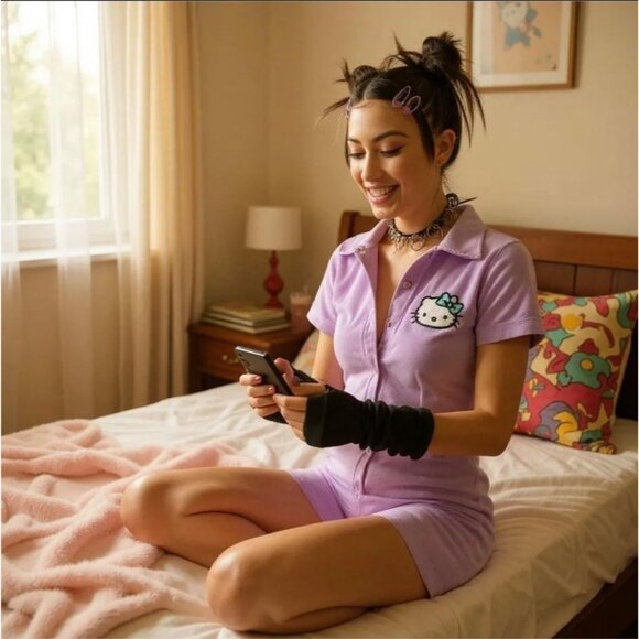 Sanrio ✦ Hello Kitty Lavender Romper ✦ Button-Up Cotton Softcore Alt-Glam NWOT S - Picture 3 of 6